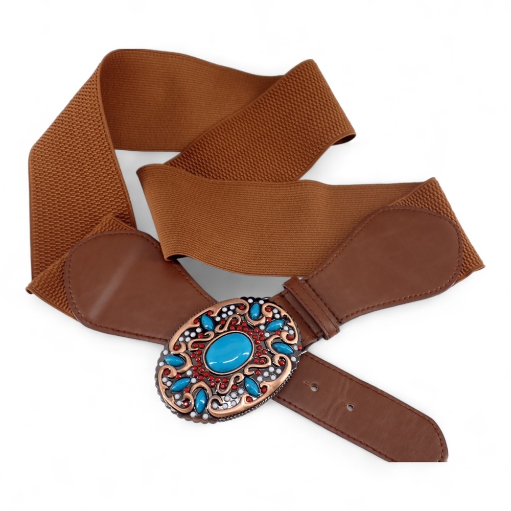 Southwestern Style Turquoise Blue Coral Red Copper Belt Buckle Brown Stretch XL